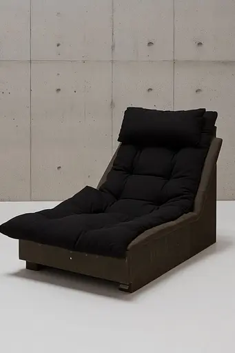 Midjourney generated image using SREF code Chiaroscuro Chronicles: A black futon chair sitting in front of a concrete wall.