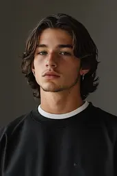 Midjourney generated image using SREF code Chiaroscuro Chronicles: A young man with long hair wearing a black sweatshirt.