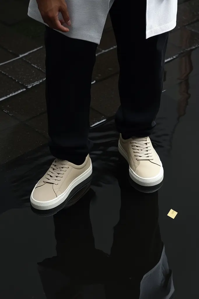 Midjourney generated image using SREF code Chiaroscuro Chronicles: A man standing in a puddle of water wearing a white shirt and black pants.