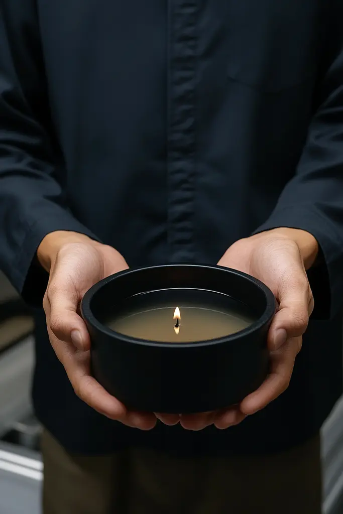 Midjourney generated image using SREF code Chiaroscuro Chronicles: A person holding a candle in their hands.