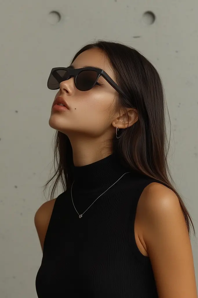 Midjourney generated image using SREF code Chiaroscuro Chronicles: a woman wearing a black top and sunglasses