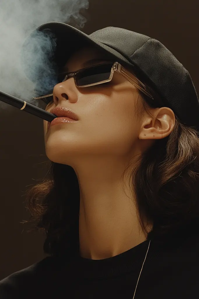 Midjourney generated image using SREF code Chiaroscuro Chronicles: A woman wearing sunglasses and a hat smoking a cigarette.