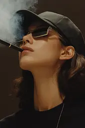 Midjourney generated image using SREF code Chiaroscuro Chronicles: A woman wearing sunglasses and a hat smoking a cigarette.