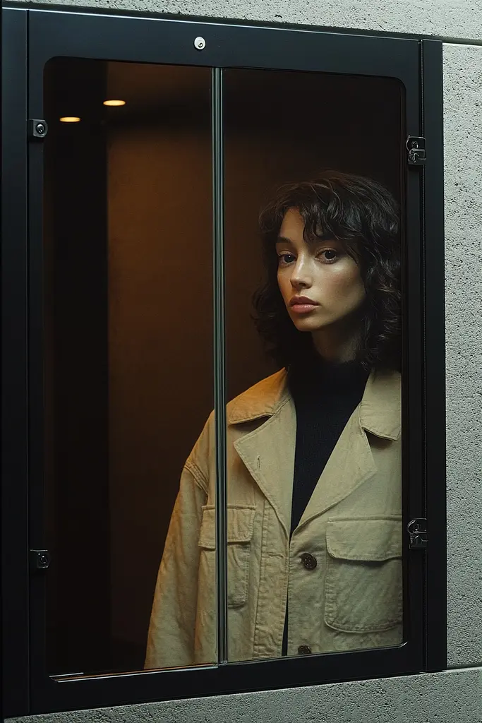 Midjourney generated image using SREF code Chiaroscuro Chronicles: A woman standing in an elevator looking out of a window.