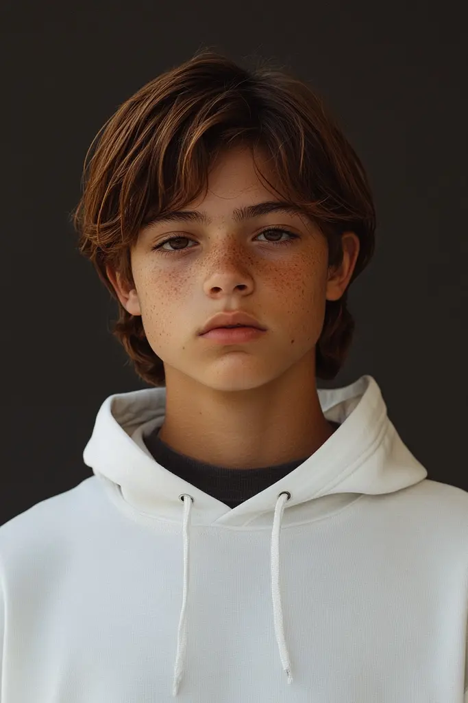 Midjourney generated image using SREF code Chiaroscuro Chronicles: A young boy with freckles wearing a white hoodie.