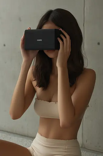 Midjourney generated image using SREF code Chiaroscuro Chronicles: A woman in a beige bra and panties holding a black box.