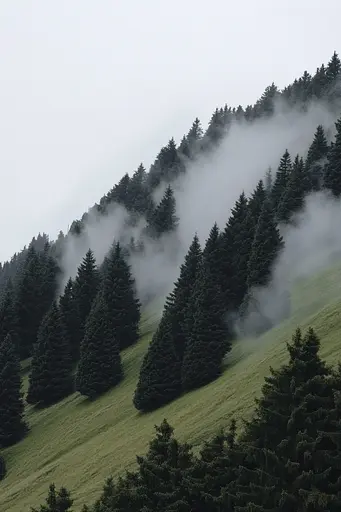 Midjourney generated image using SREF code Chiaroscuro Chronicles: A foggy hillside with trees in the background. 