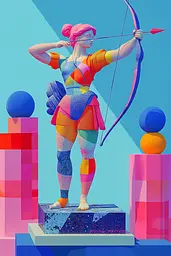 Midjourney generated image using SREF code Pastel Polygons: A woman with a bow and arrow standing on a pedestal.