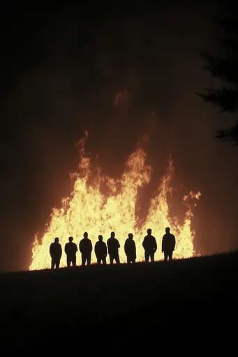 Midjourney generated image using SREF code Chiaroscuro Chronicles: A group of people standing in front of a bonfire.