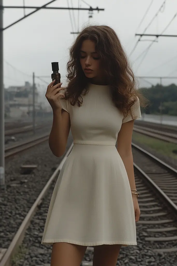 Midjourney generated image using SREF code Chiaroscuro Chronicles: A woman in a white dress standing on a train track.