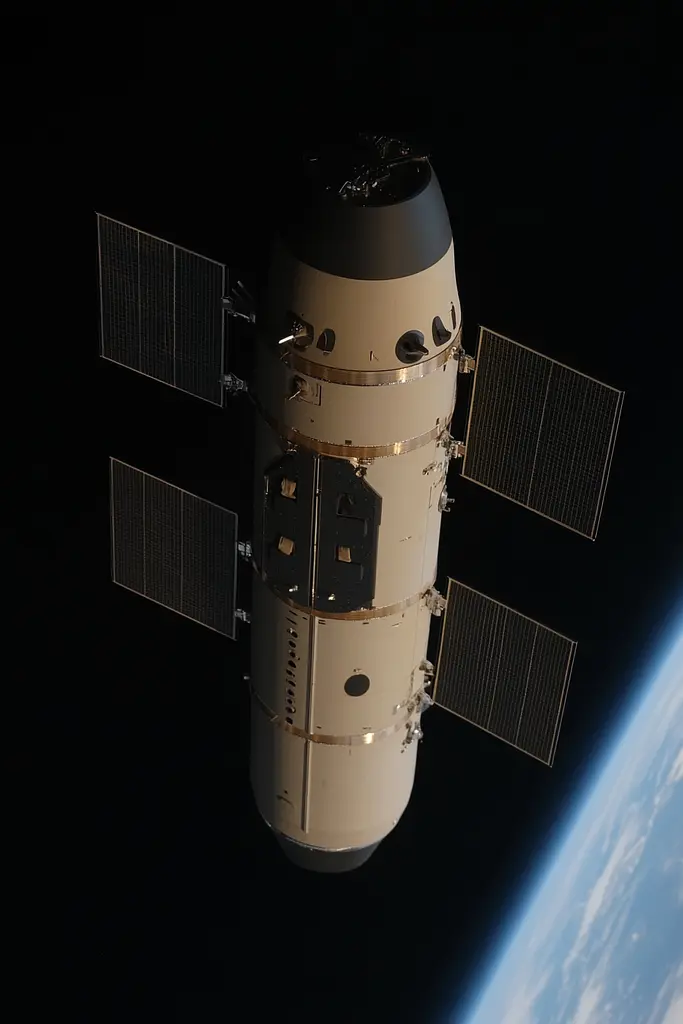 Midjourney generated image using SREF code Chiaroscuro Chronicles: A view of a space station from the International Space Station.