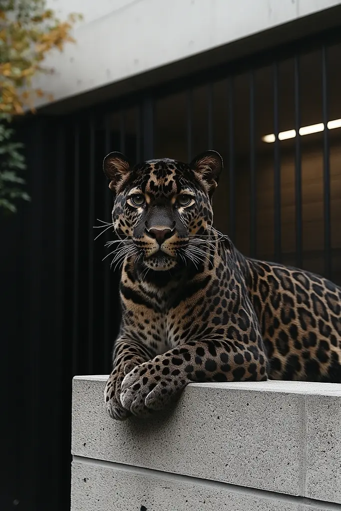 Midjourney generated image using SREF code Chiaroscuro Chronicles: A leopard laying on top of a concrete wall.