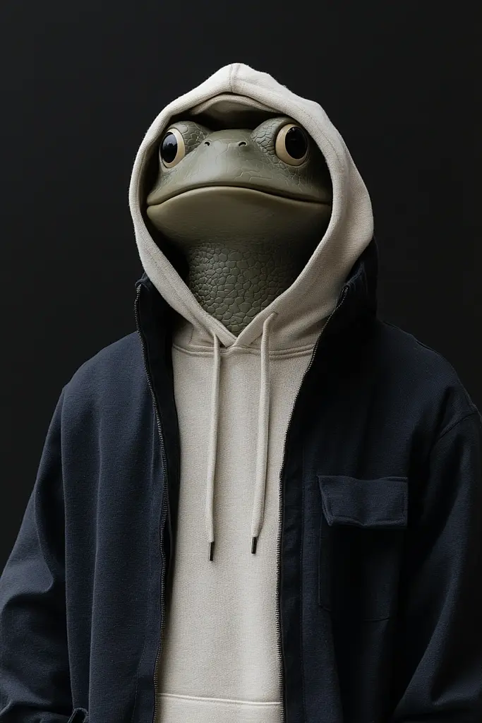 Midjourney generated image using SREF code Chiaroscuro Chronicles: A man wearing a hoodie with a frog face on it.