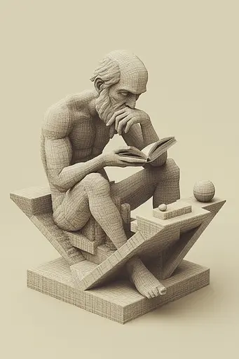 Midjourney generated image using SREF code Binary Busts: A sculpture of a man sitting on a bench reading a book.