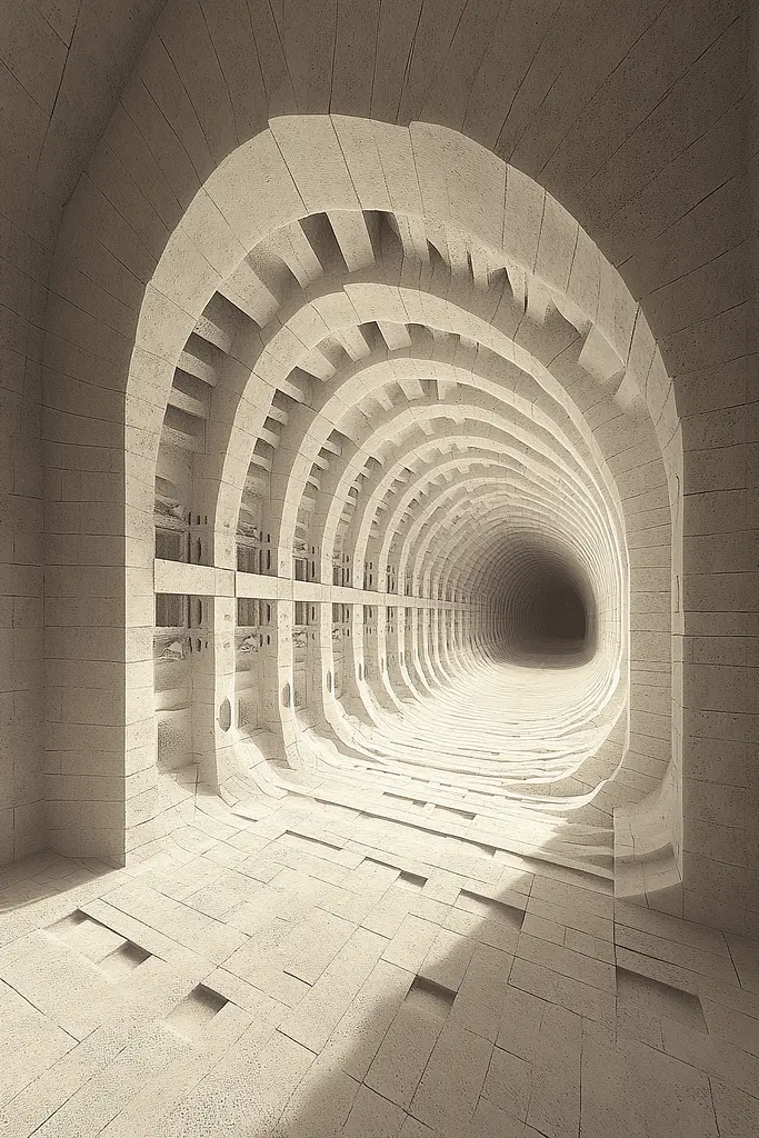 Midjourney generated image using SREF code Binary Busts: A black and white photo of a tunnel in a building.