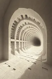 Midjourney generated image using SREF code Binary Busts: A black and white photo of a tunnel in a building.