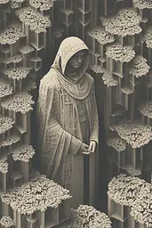 Midjourney generated image using SREF code Binary Busts: A statue of a woman standing in front of a wall of flowers.