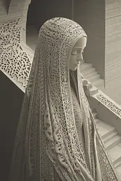 Midjourney generated image using SREF code Binary Busts: A woman wearing a veil standing in front of a staircase.