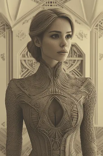 Midjourney generated image using SREF code Binary Busts: A woman in a futuristic dress standing in a room.