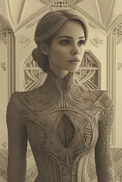 Midjourney generated image using SREF code Binary Busts: A woman in a futuristic dress standing in a room.