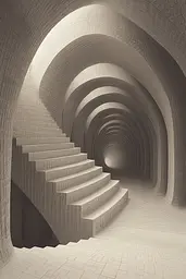 Midjourney generated image using SREF code Binary Busts: A spiral staircase in a tunnel with a light at the end.