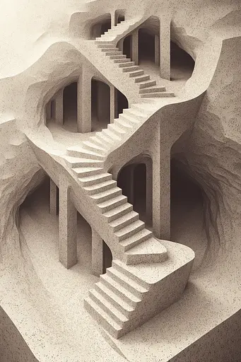 Midjourney generated image using SREF code Binary Busts: A 3D rendering of a stairway in the middle of a mountain.