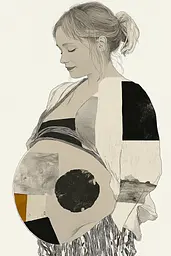 Midjourney generated image using SREF code Monochrome Mosaics: A drawing of a pregnant woman holding a baby.