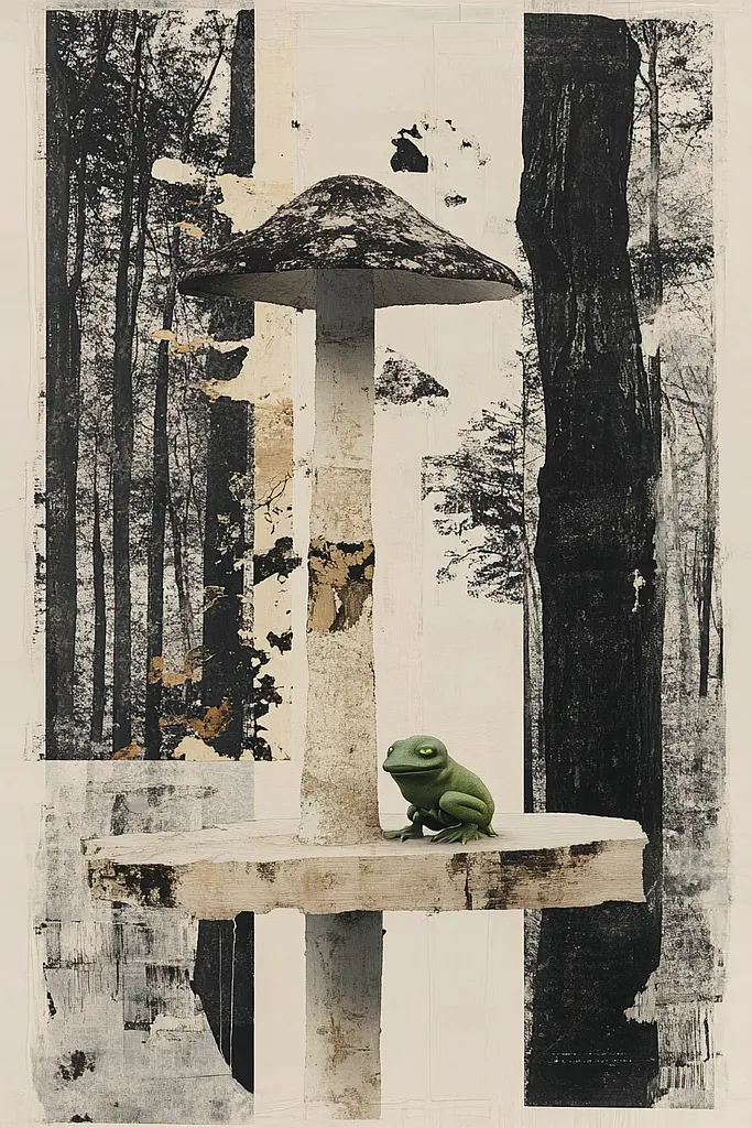 Midjourney generated image using SREF code Monochrome Mosaics: A green frog sitting on top of a table next to a mushroom.