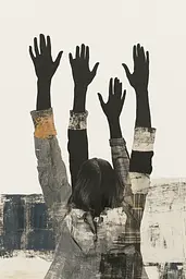 Midjourney generated image using SREF code Monochrome Mosaics: A woman with her hands up in the air.