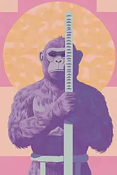 Midjourney generated image using SREF code Astral Touch: A gorilla holding a sword in front of a sunset.