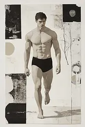 Midjourney generated image using SREF code Monochrome Mosaics: A black and white drawing of a man in a bathing suit.