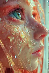 Midjourney generated image using SREF code Spicy Peach 🍑: A close up of a woman's face covered in water.