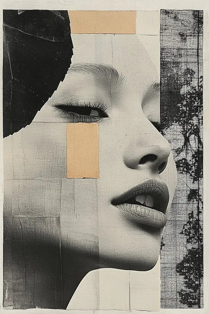 Midjourney generated image using SREF code Monochrome Mosaics: A collage of a woman's face with a piece of paper taped to it.