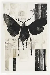 Midjourney generated image using SREF code Monochrome Mosaics: A black and white photo of a moth on a piece of paper.