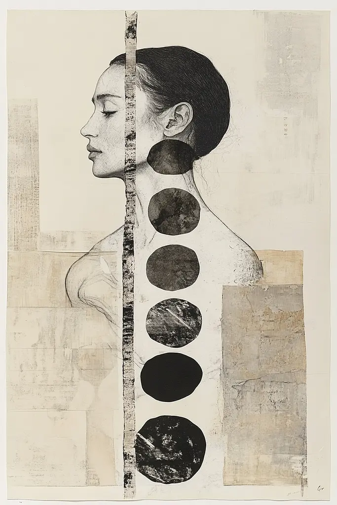 Midjourney generated image using SREF code Monochrome Mosaics: A black and white drawing of a woman's face with circles on it.