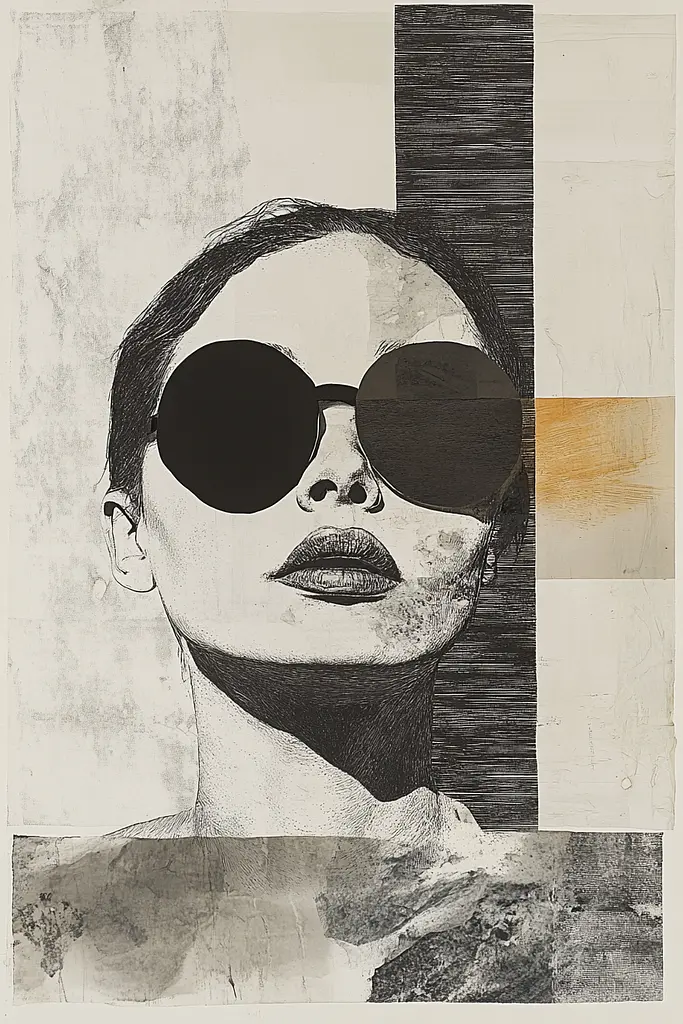 Midjourney generated image using SREF code Monochrome Mosaics: A black and white drawing of a woman wearing sunglasses.