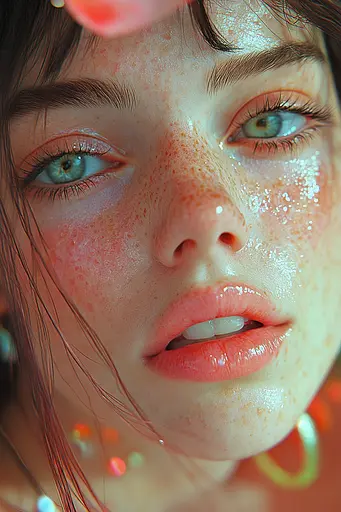 Midjourney generated image using SREF code Spicy Peach 🍑: A close up of a woman with freckles on her face.