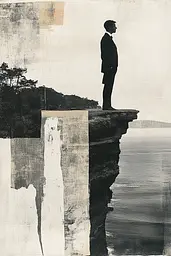 Midjourney generated image using SREF code Monochrome Mosaics: A man standing on top of a cliff overlooking the ocean.