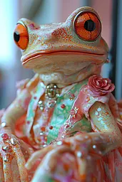 Midjourney generated image using SREF code Spicy Peach 🍑: A close up of a frog wearing a dress and a flower.