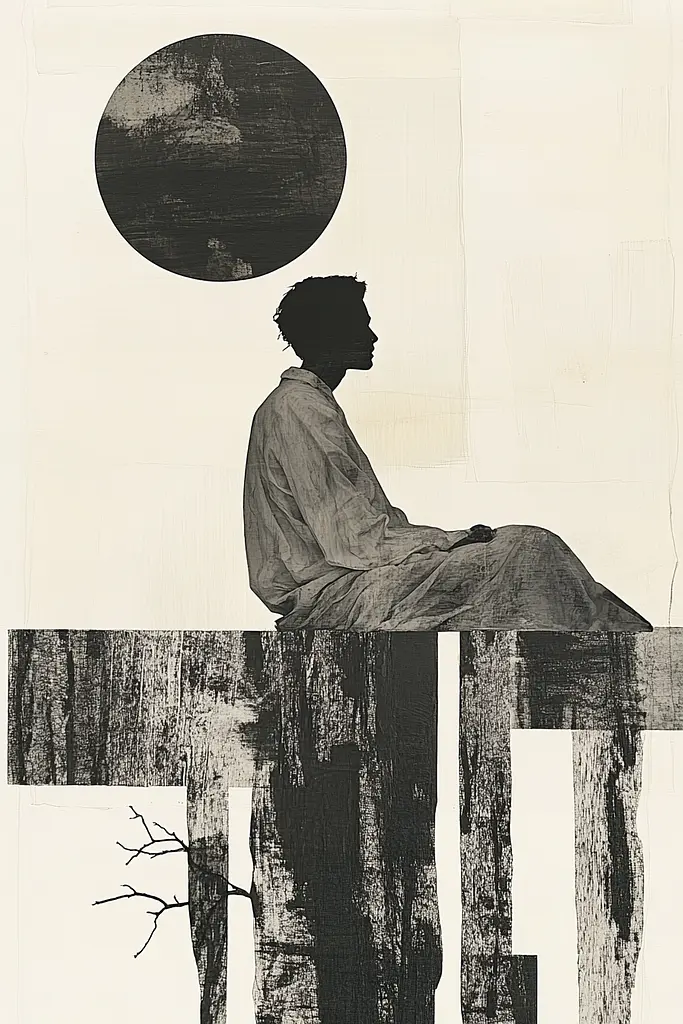 Midjourney generated image using SREF code Monochrome Mosaics: A black and white drawing of a person sitting on a bench.