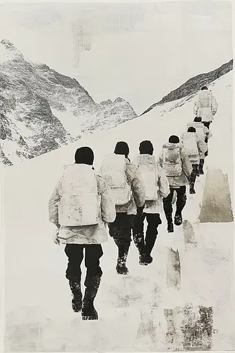 Midjourney generated image using SREF code Monochrome Mosaics: A group of people walking down a snow covered mountain.