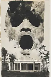 Midjourney generated image using SREF code Monochrome Mosaics: A black and white photo of a man's face with a house in the background.