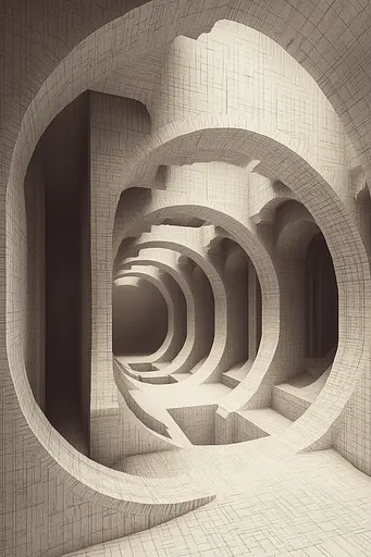 Midjourney generated image using SREF code Binary Busts: A black and white photo of a tunnel in a building.