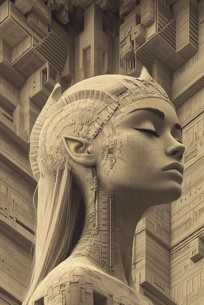 Midjourney generated image using SREF code Binary Busts: A sculpture of a woman with her eyes closed in front of a building.