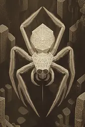 Midjourney generated image using SREF code Binary Busts: A spider with a skull on its back in a dark room.