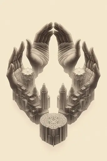 Midjourney generated image using SREF code Binary Busts: A drawing of two hands holding a city in the middle of them.