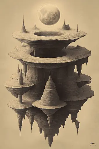 Midjourney generated image using SREF code Binary Busts: A drawing of a floating city with a full moon in the background.