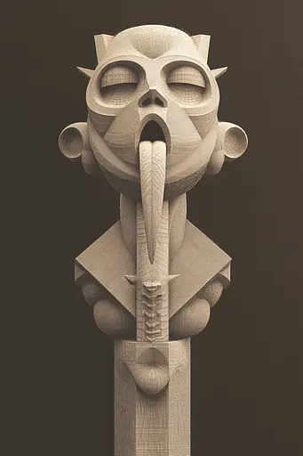 Midjourney generated image using SREF code Binary Busts: A wooden sculpture of a man sticking out his tongue.