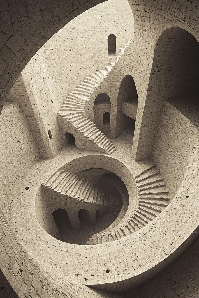 Midjourney generated image using SREF code Binary Busts: A spiral staircase in a brick building with arches.