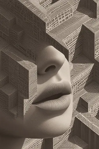 Midjourney generated image using SREF code Binary Busts: a close up of a woman's face surrounded by buildings